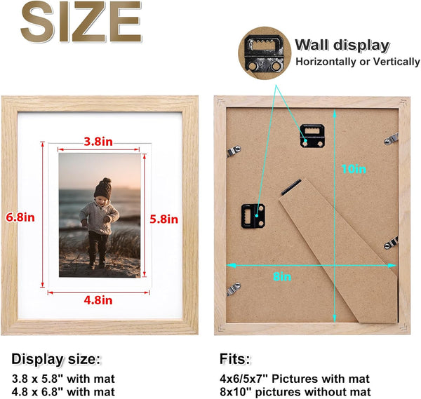 KINLINK 8x10 Picture Frame Natural, Solid Wood Frames with Acrylic Plexiglass for Pictures 4x6/5x7 with Mat or 8x10 without Mat, Tabletop and Wall