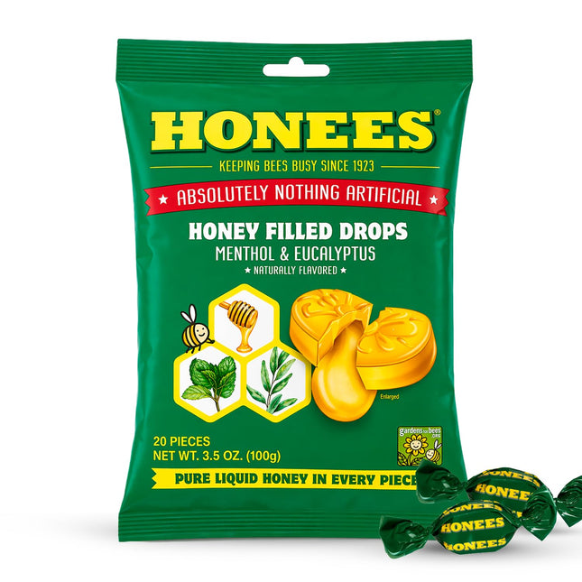 Honees Honey Menthol Cough Drops - 20-Piece, Single Pack Honey-Filled Lozenges | Temporary Relief from Cough | Soothes Sore Throat | All Natural