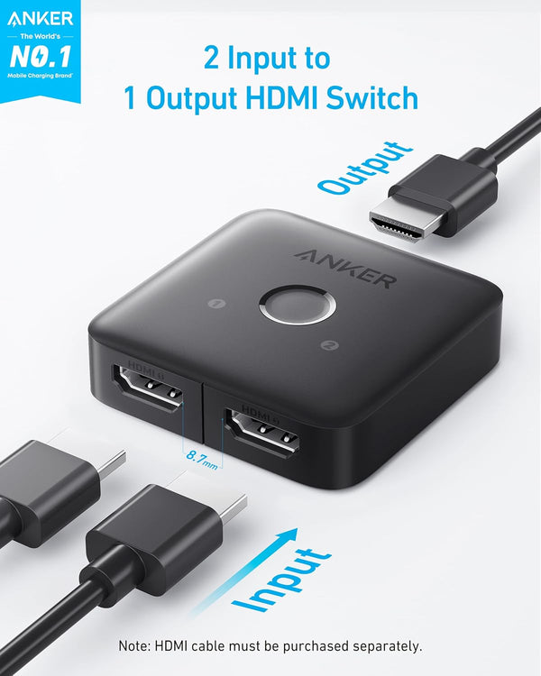 Anker HDMI Switch, 4K@60Hz HDMI Switcher, 2 in 1 Out with Smooth Finish, Supports HDR, 3D, Dolby, Compatible with Laptops, PC, Xbox Series, PS5 /