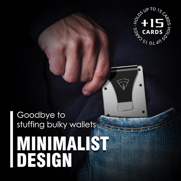 Slim Minimalist Wallet for Men with Money Clip - 15 Credit Card Holder RFID Wallet for Men - Front Pocket Mens Wallet with Compact Design - Easy