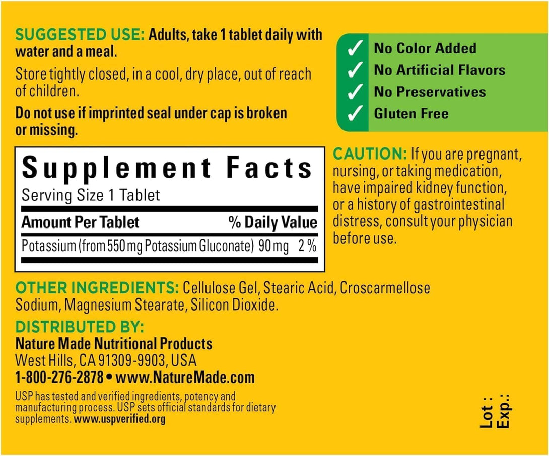 Nature Made Potassium Gluconate 550Mg, 100 Tablets (Pack of 5)