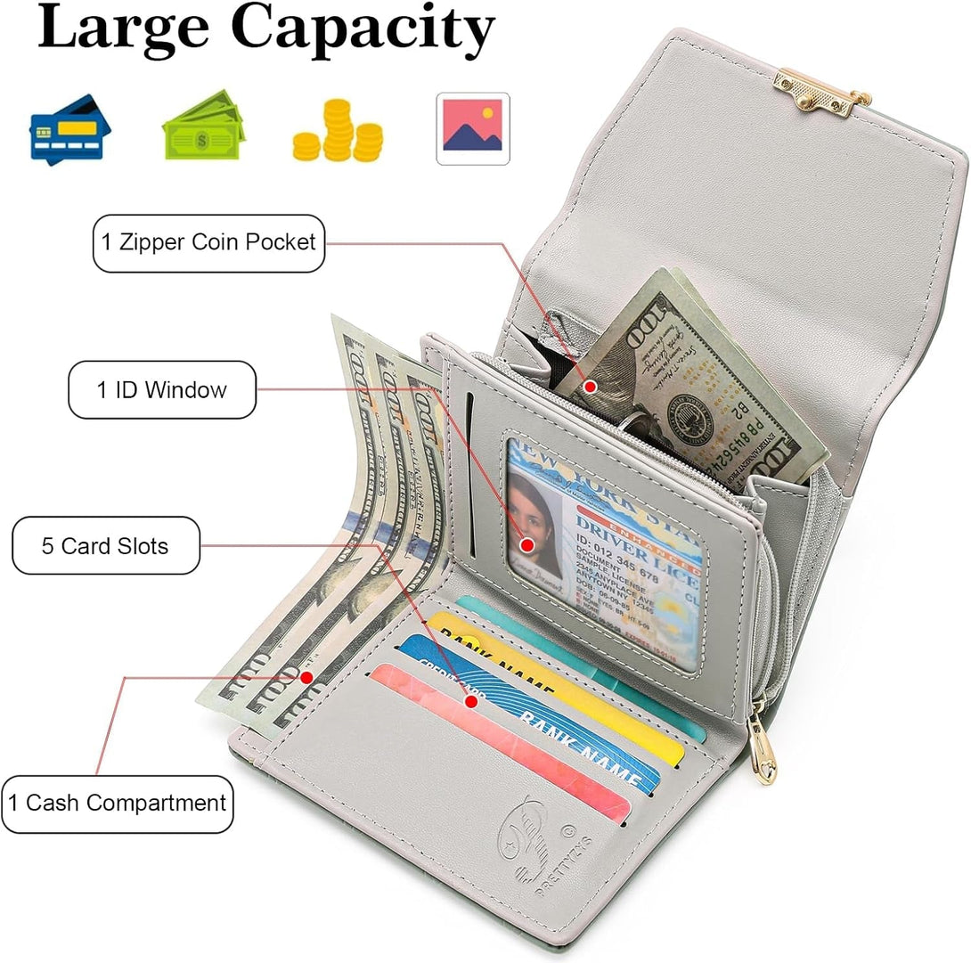 Bifold Wallet Women Leather RFID Blocking Card Holder Compact Wallet Zipper Coin Pocket with ID Window