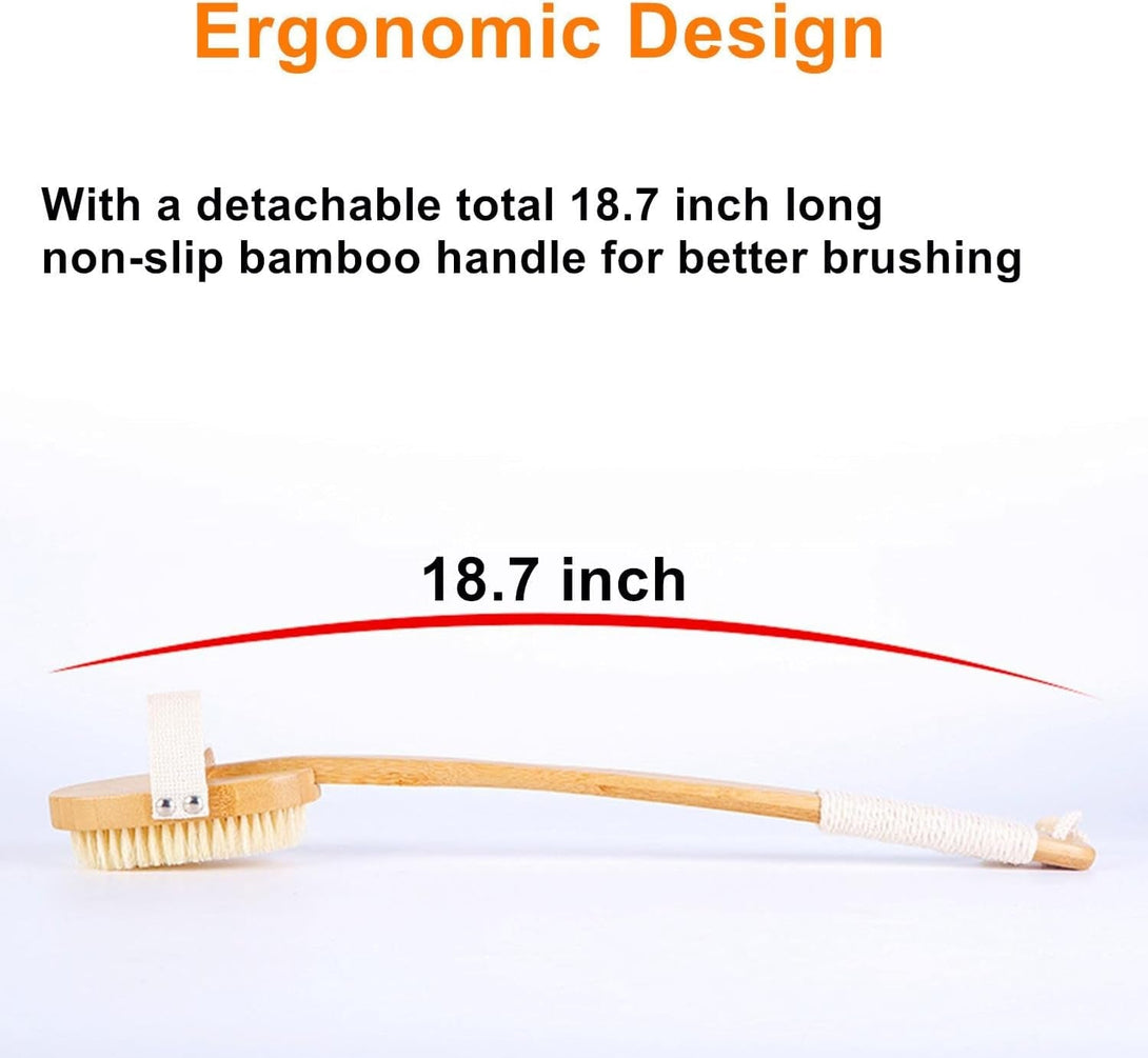 Body Brush Back Scrubber,18.7 Inch Long Handle Detachable Body Brush with Dual Brushing Heads for Dry Brushing Shower, Bamboo Medium Firm Bristle Brush for Body Cellulite and Lymphatic (Beige)