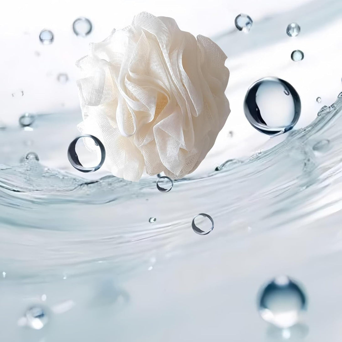 Loofah-Bath Sponge Set-Large, 4 Pack Bath Scrubbers, Soft Mesh White Puff-Cleansing Body Scrub for Men and Women: Skin Soothing Exfoliation Tools (Elegant White-60G)