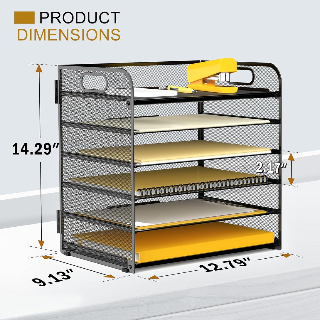 6 Tier Desk Paper Letter Organizer Tray, Mesh File Organizer, Letter Tray for Office & Home (1, Black)