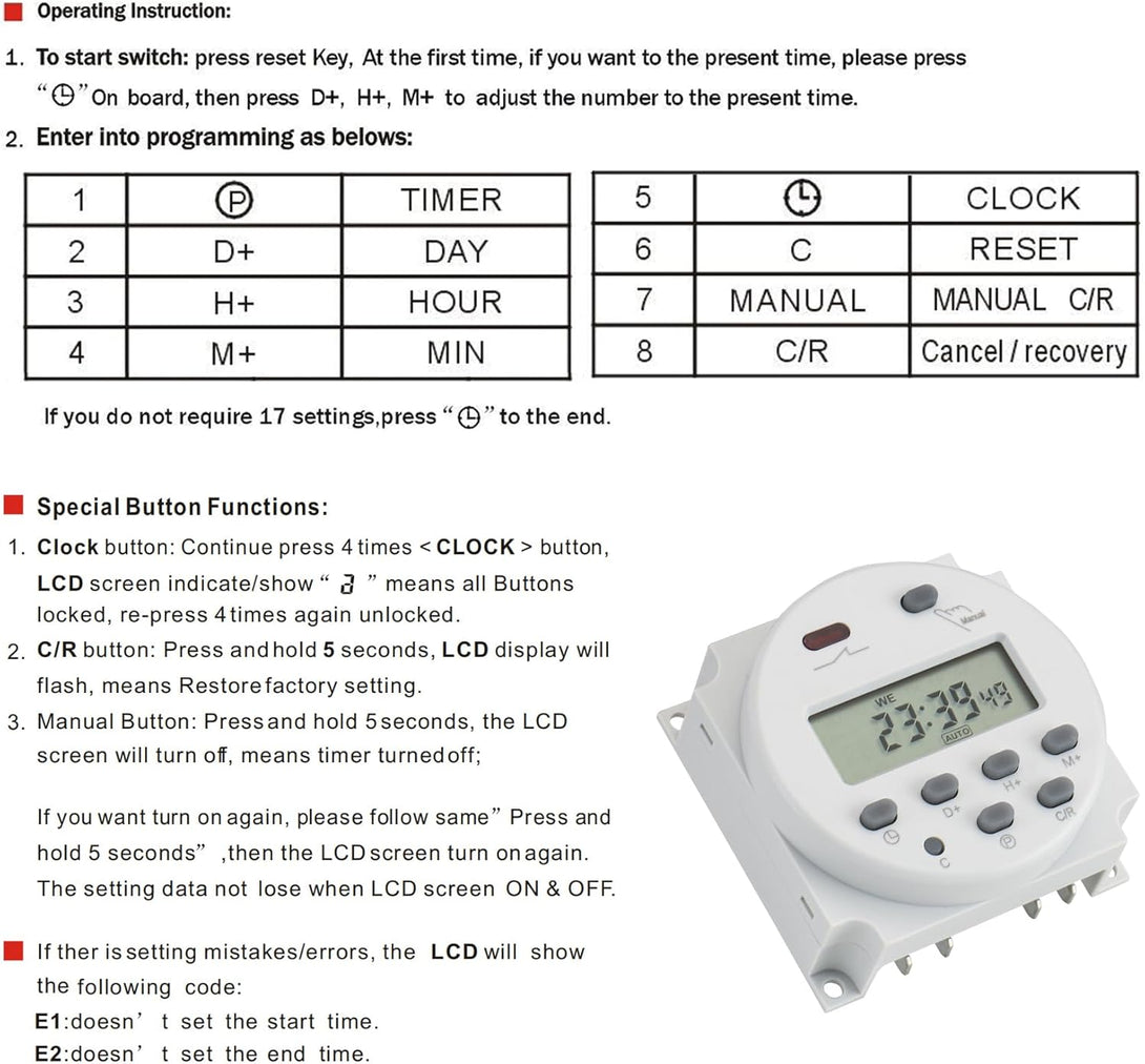 Baomain CN101A Input AC 110V Output 200-250VAC Digital LCD Power Programmable Timer Time Switch Relay 16A Amps