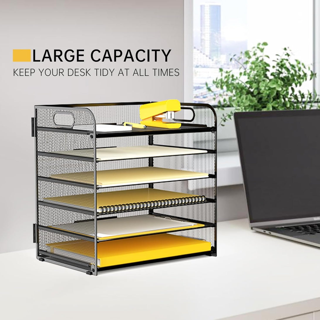 6 Tier Desk Paper Letter Organizer Tray, Mesh File Organizer, Letter Tray for Office & Home (1, Black)