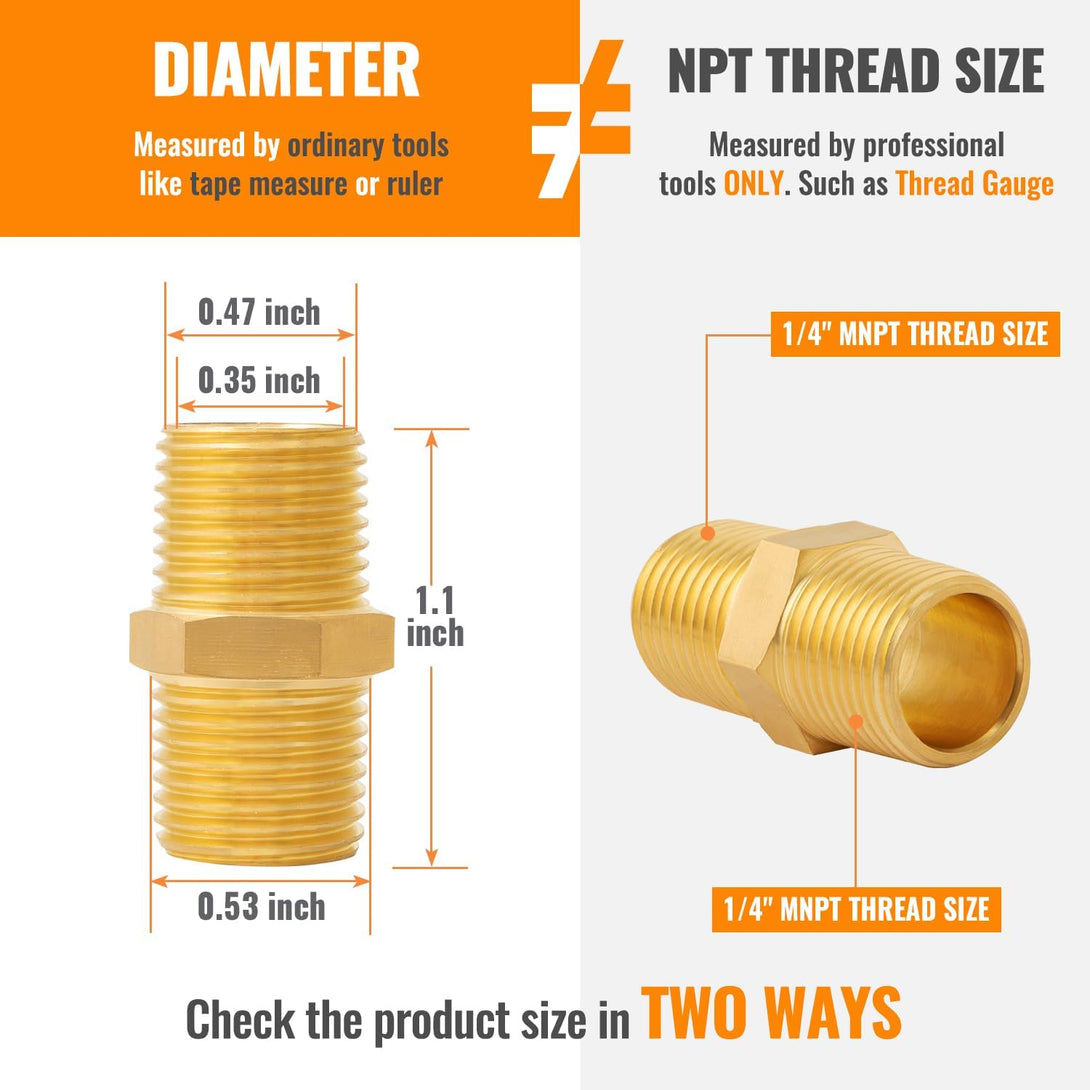 Brass Pipe Fittings, SUNGATOR Air Hose Fittings, Hex Nipple, Air Fittings 1/4" X 1/4" NPT Male Pipe(12-Pack)