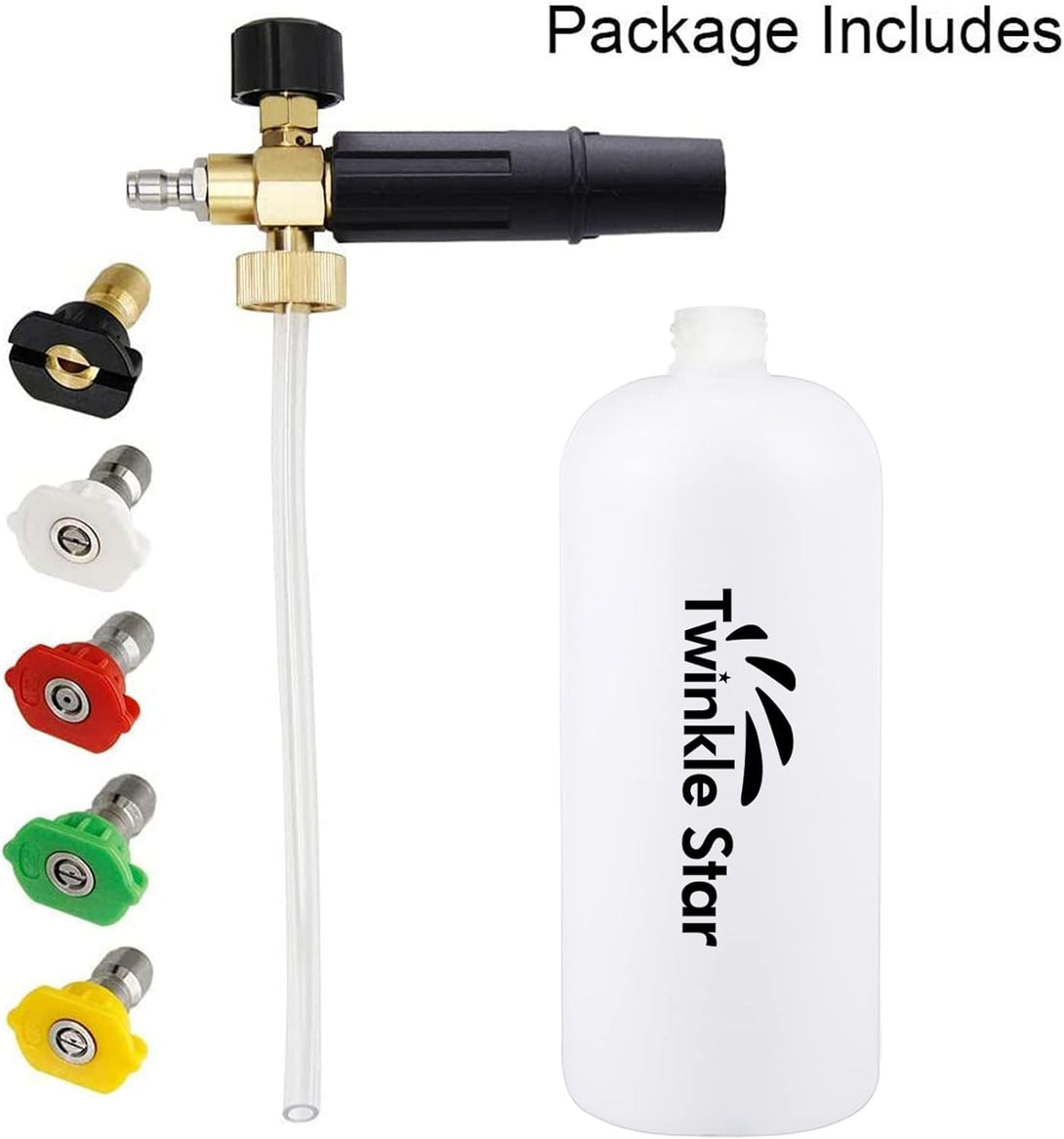 Twinkle Star Foam Cannon 1 L Bottle Snow Foam Lance with 1/4" Quick Connector, 5 Nozzle Tips for Pressure Washer