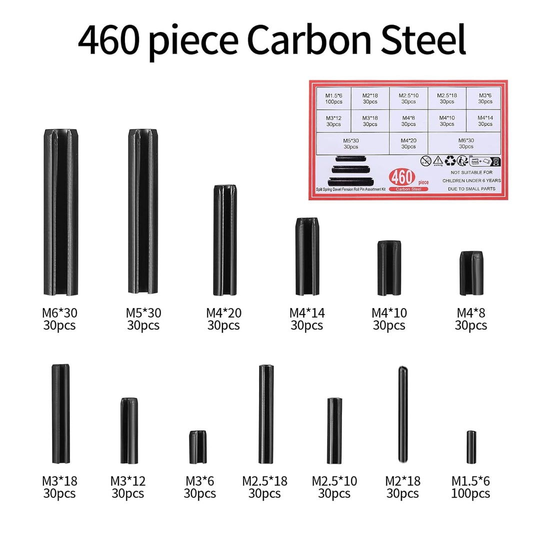 460 Pcs Roll Pin Assortment Set, Slotted Metric Spring Pins, Split Expansion Dowel Tension Roll Pins, Split Expansion Spring Steel Pin Set - M1.5/M2/M2.5/M3/M4/M5/M6
