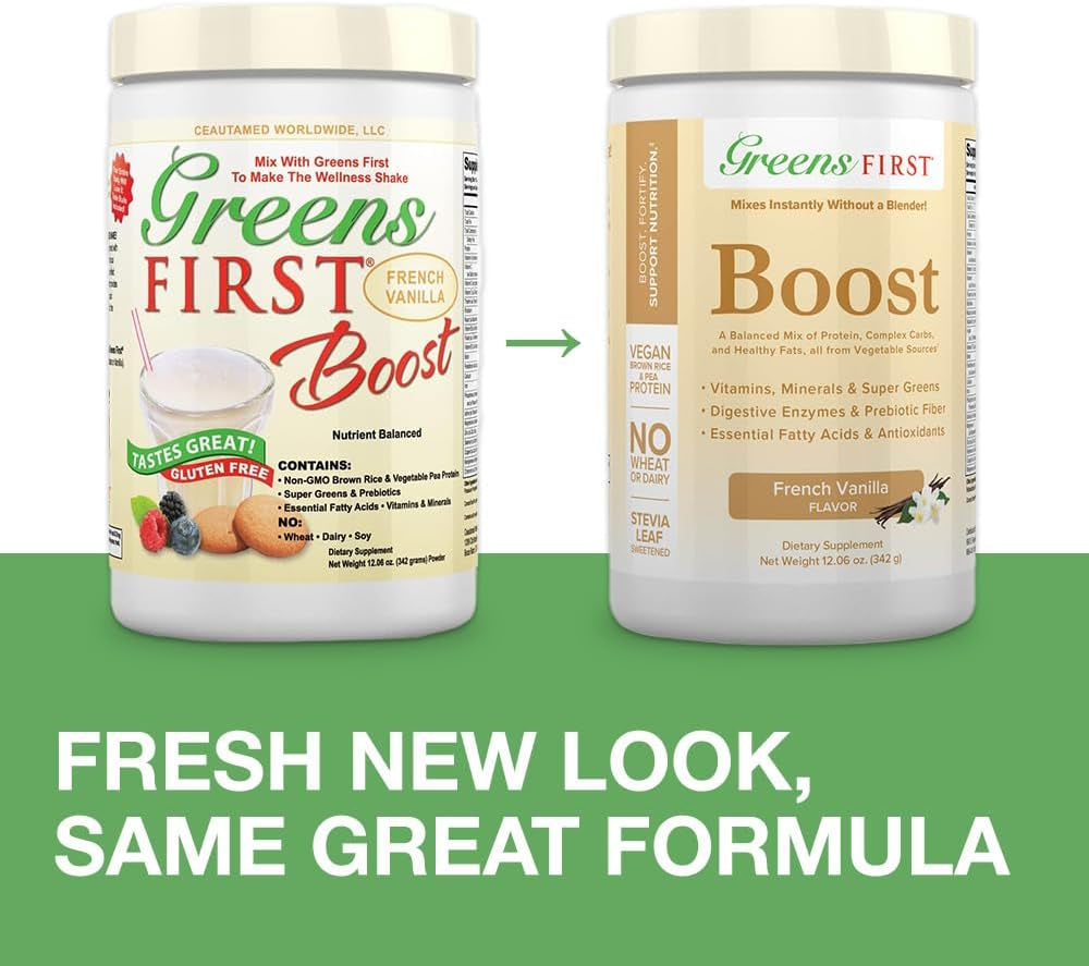 Greens First Boost - Plant-Based Protein & Balanced Nutrition - Superfood Shake Mix - No Wheat or Soy - Dairy-Free - Vegan - French Vanilla, 12.06 Oz.