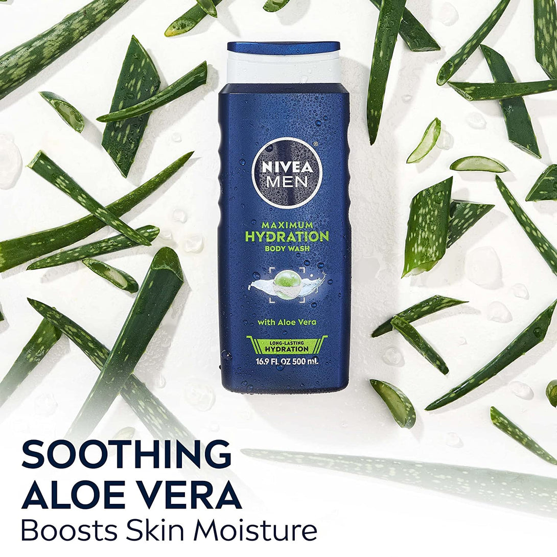 NIVEA MEN Maximum Hydration Body Wash with Aloe Vera, Long-Lasting Hydrating Body Wash for Men, 3 Pack of 16.9 Fl Oz Bottles