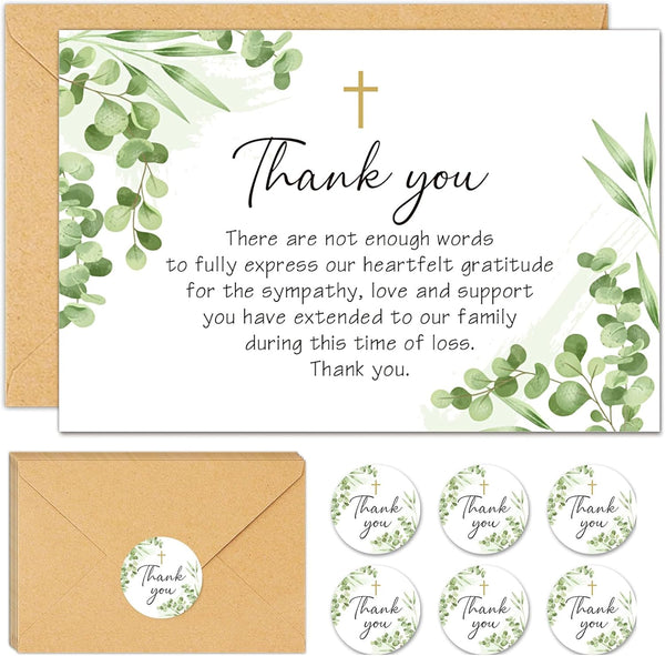 50Pcs Funeral Sympathy Thank You Cards with Envelopes and Matching Seal Stickers, Green Leaf Cross Bereavement Card with Message for Memorial Service Loved Ones Celebration of Life