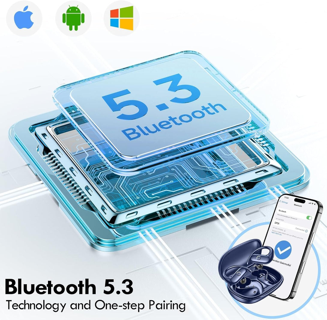 Kurdene Wireless Earbuds Bluetooth Headphones Sport,Over Ear Buds with Deep Bass Sound,60Hrs Playtime Earphones Redesigned Comfort Fit with Earhooks for Running,Meeting,Workout-Blue