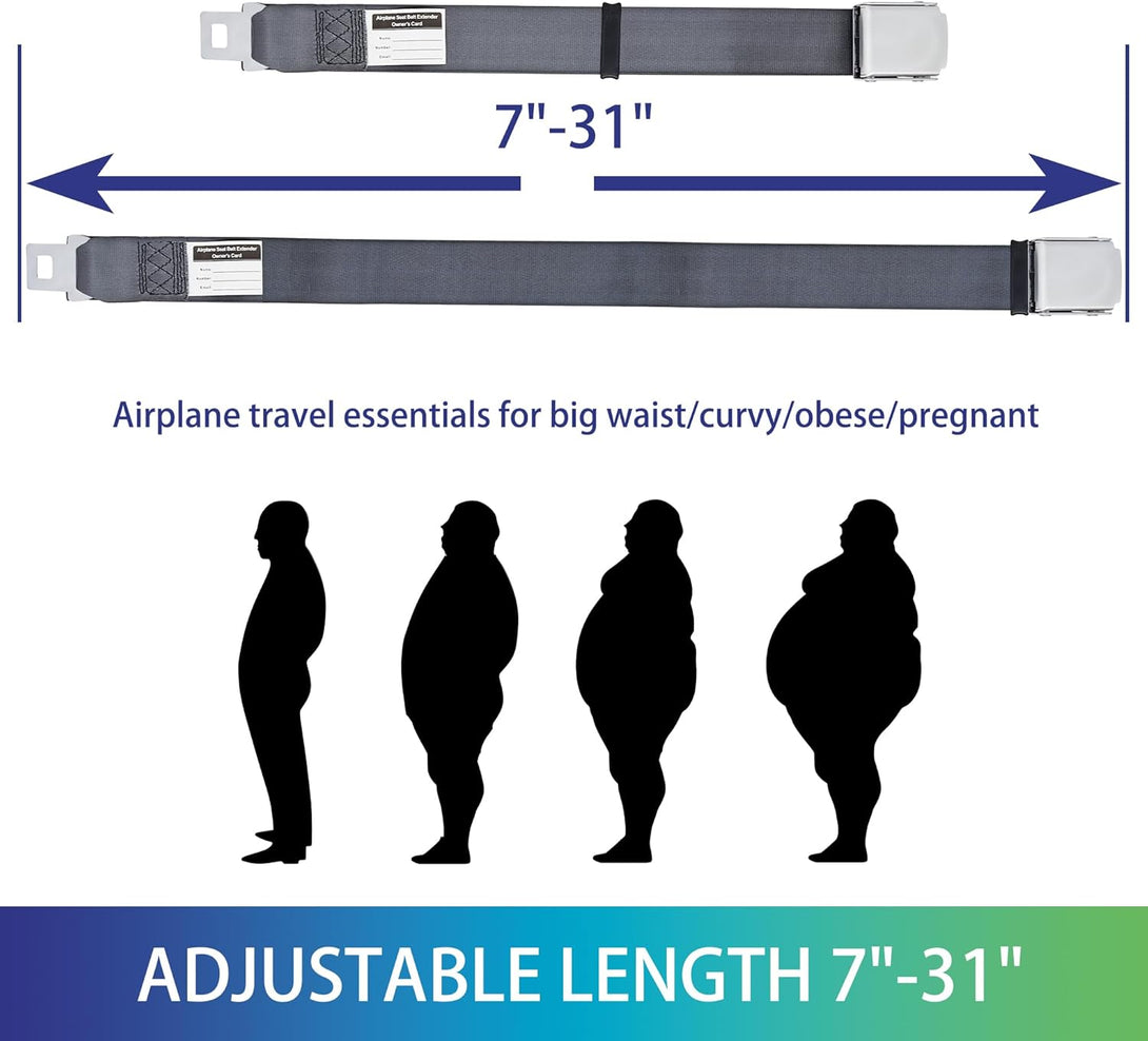 Airplane Seat Belt Extender, 7-31" Airline Seatbelt Extender Adjustable - FITS ALL Airlines in US except Southwest-Free Carrying Case (Silver)