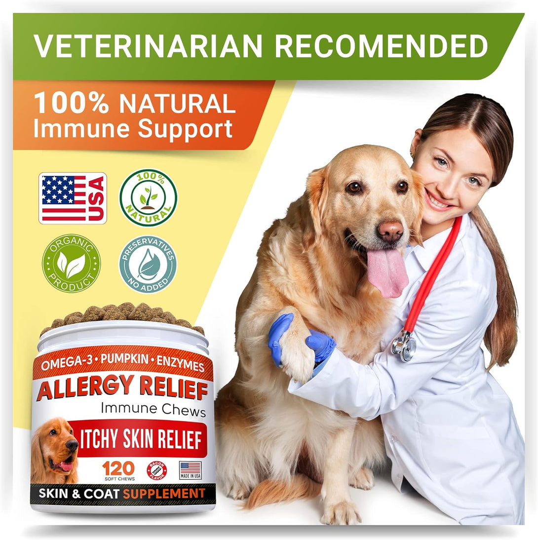 Strellalab Dog Allergy Relief & anti Itch Support Chews W/Omega 3: Real Ingredients, Real Taste! Skin & Coat Immune Supplement W/Fish Oil, Pumpkin & Enzymes — Developed by Experts - Made in USA -120Ct