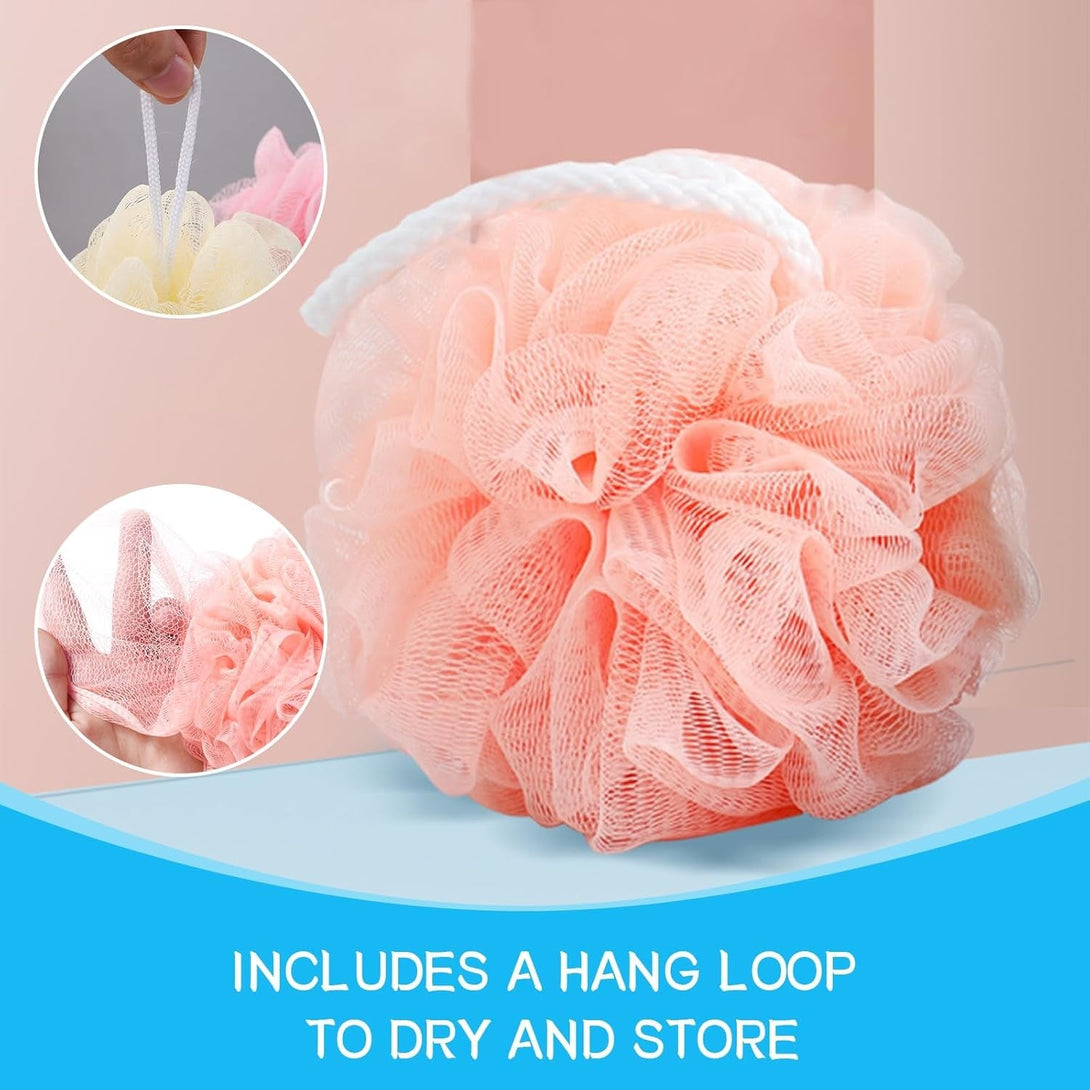 Loofah Sponge Shower Loofahs Bath Sponges Mesh Balls for Women Men Bathing Accessories Body Wash Back Scrubber 50G 4 Colors Soft Pouf Body Scrubber Loofahs Puff Pack, Exfoliate, Cleanse, Soothe Skin.