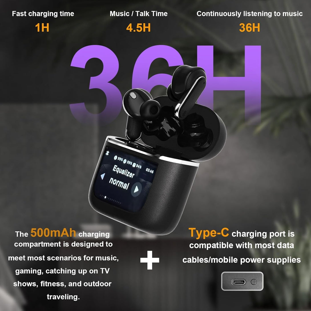 Smart Touchscreen Wireless Bluetooth 5.3 Headset, Super Smart Noise Canceling Earbuds, In-Ear Earbuds with Ear Caps, IPX56 Water Resistant, for Ios/Android, Sports, Business