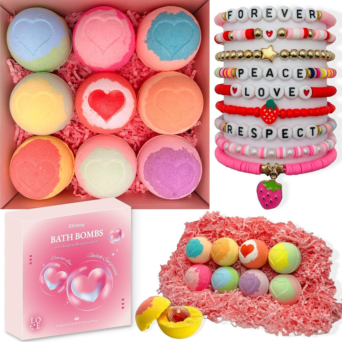 Bath Bombs for Kids with Surprise Inside, 9 Heart Imprint Kids Bath Bombs for Girls, Toddler Bath Bomb with Bracelets Inside, 3 4 5 6 7 8 Year Old Girl Birthday Gifts Christmas Stocking Stuffers