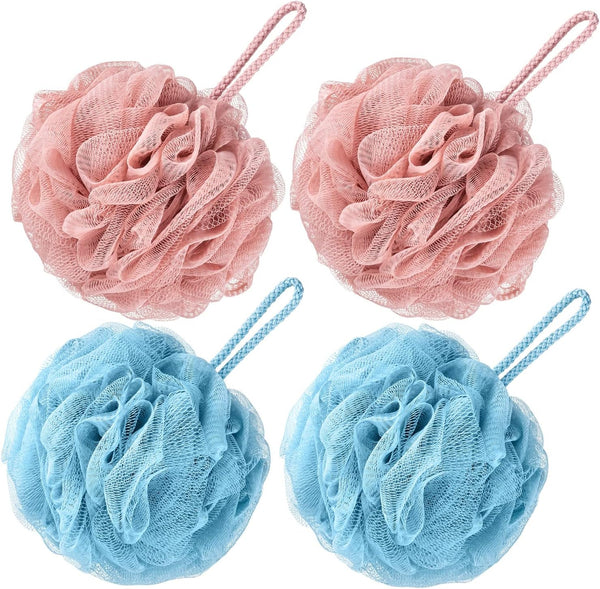 VANZAVANZU Bath Loofah Large 80G Shower Sponge Body Scrubber Mesh Pouf for Men and Women, Set of 4 (Turquoise + Pink)