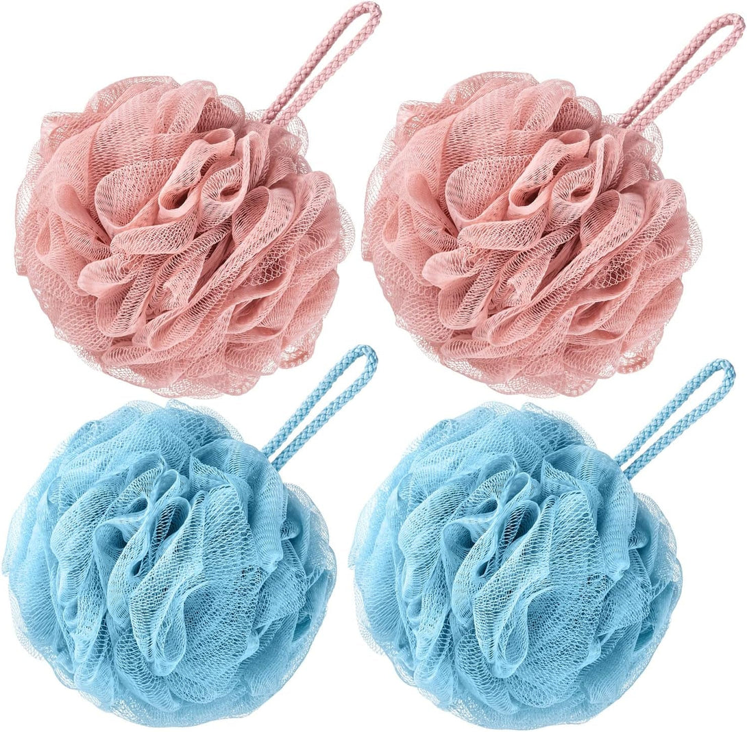 VANZAVANZU Bath Loofah Large 80G Shower Sponge Body Scrubber Mesh Pouf for Men and Women, Set of 4 (Turquoise + Pink)