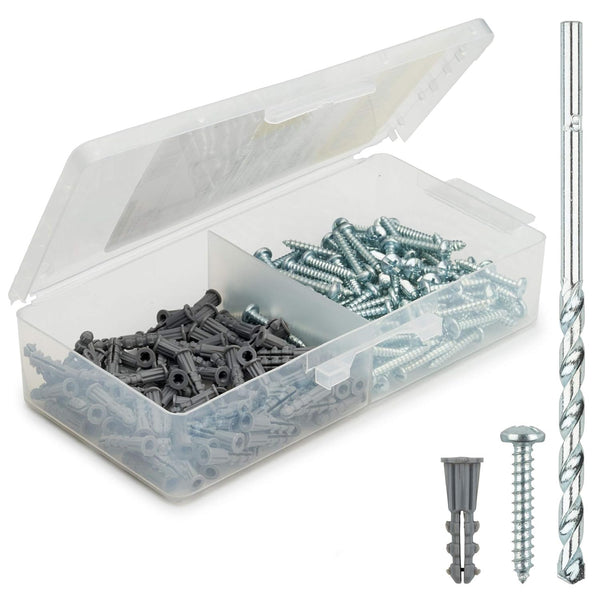 Qualihome Ribbed Plastic Drywall Anchor Kit - Wall Anchors and Screws for Drywall Includes Anchors, & Screws, 1 Masonry Drill Bit - Mounting Tolls for Decor, Furniture, Shelving (6-8 X 7/8")