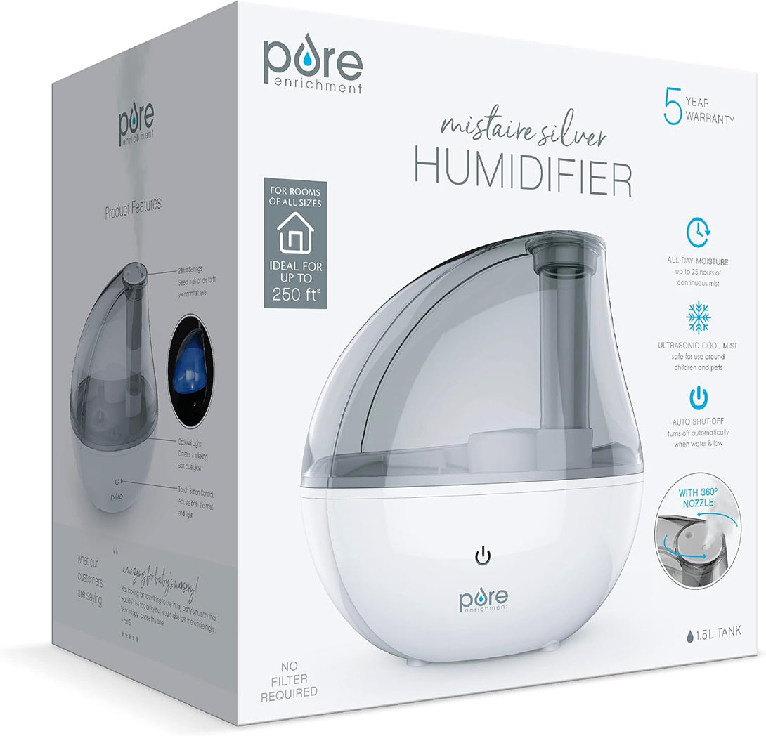 Pure Enrichment Mistaire Silver Ultrasonic Cool Mist Humidifier for Bedroom, Office, Nursery & Indoor Plants - Lasts up to 25 Hours, Whisper-Quiet Operation, Optional Night Light, & Auto Shut-Off