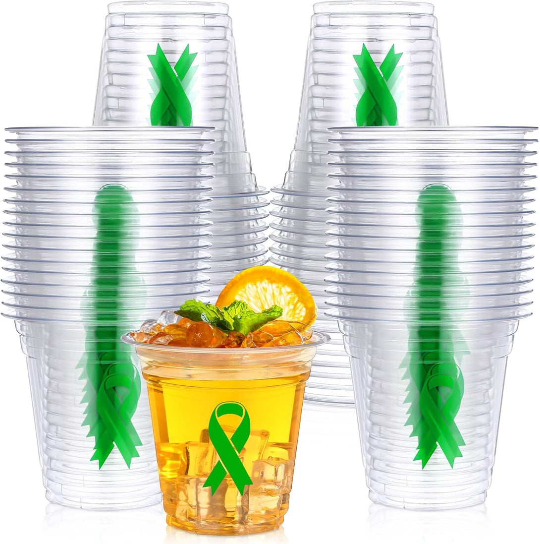 Baderke 50 Pcs Mental Health Awareness Green Ribbon Plastic Cups Bulk Disposable 12Oz Liver Cancer Awareness Plastic Cups for Transplant Bipolar Disorder Environment Issue