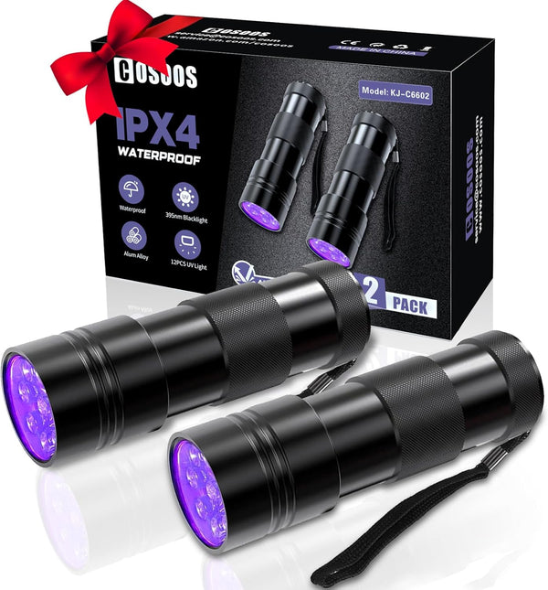 COSOOS 2 Pack UV Flashlight, 12 LED Handheld Blacklight Flashlight 395Nm Mini Light Torch Detector for Dog Pet Urine Stains, Bed Bugs and Scorpions. (Batteries Not Included)