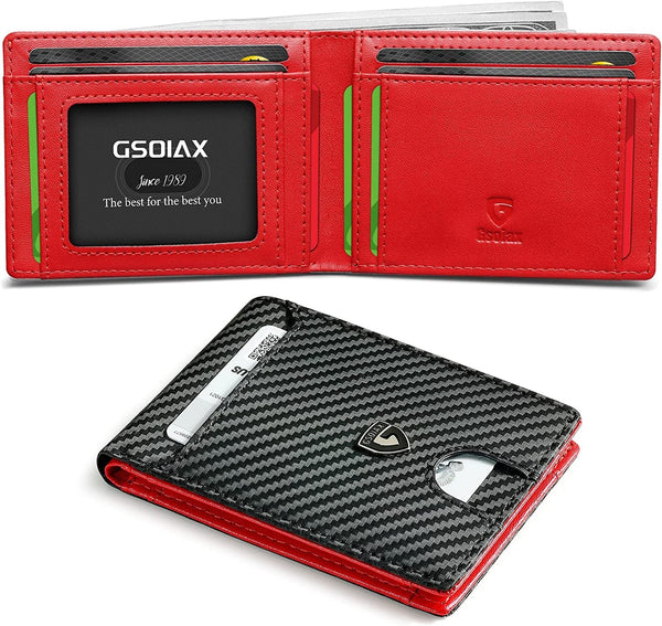GSOIAX Mens Slim Wallet RFID Blocking Bifold Wallets for Men Minimalist Genuine Leather Carbon Fiber Card Holder Money Clip Thin Mens with Gift Box (Carbon Black and Red)