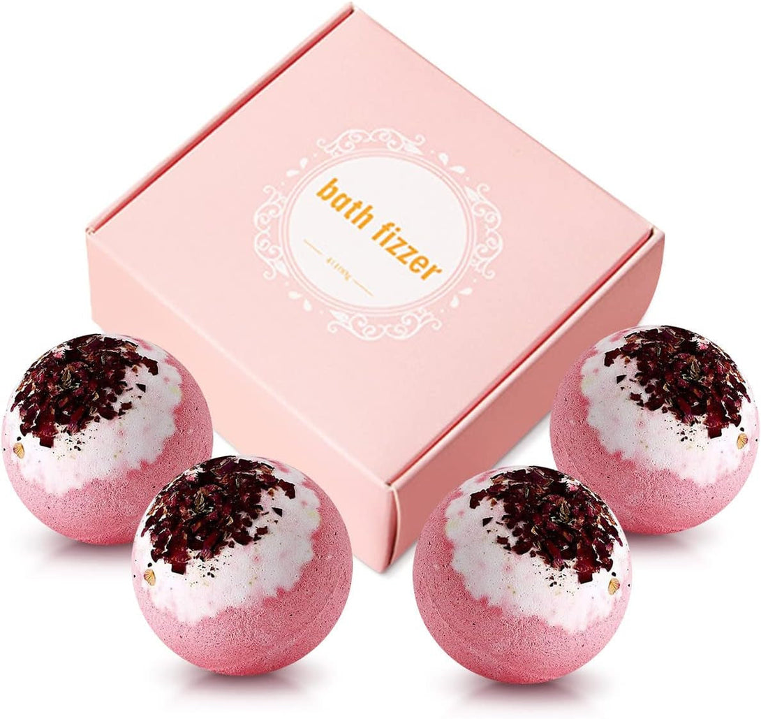 Dried Flower Bath Bombs Salt Balls,4 Pack Gift Set,Rose Extract Essential Oils,Moisturizing Dry Skin,Fizzy Spa,Relaxation,Self Care,Relaxing,Bubble Bath Bomb Gifts Idea for Men Women