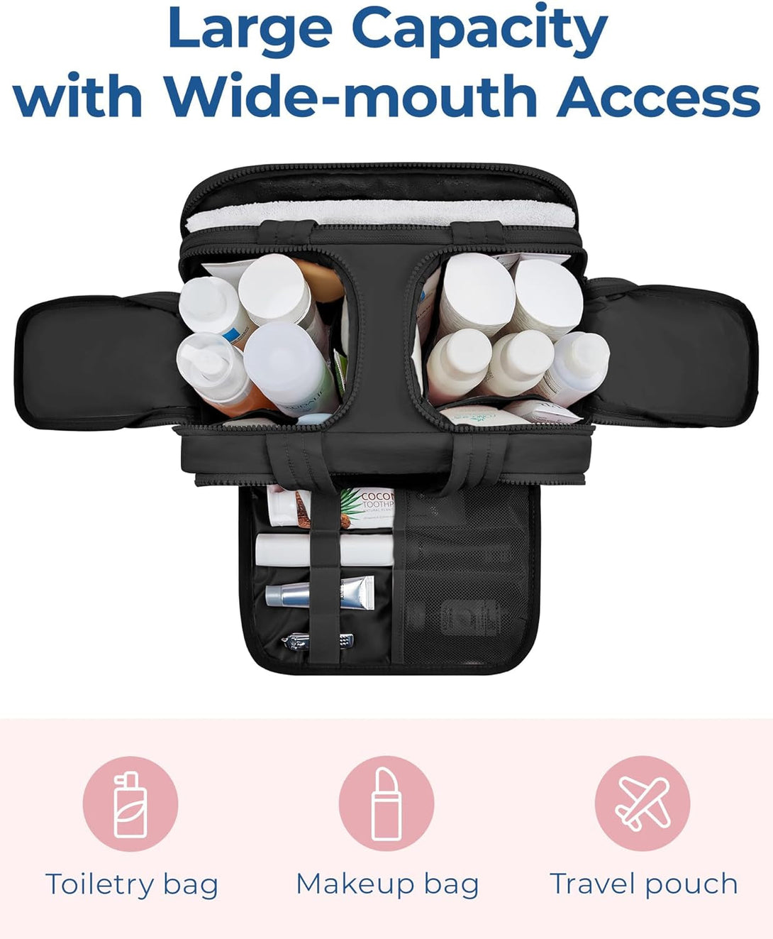 BAGSMART Travel Toiletry Bag, Lightweight Large Wide-Open Travel Bag for Women, Puffy Cosmetic Makeup Bag Organizer with Handle for Accessories,Essentials, Toiletries, Black