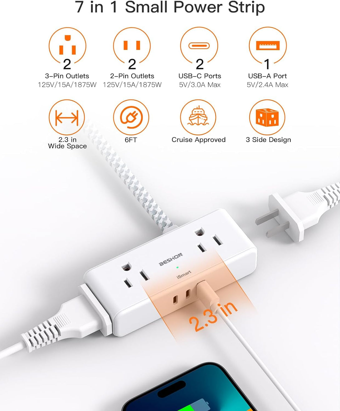 Flat Extension Cord 6 Feet, Flat Plug Power Strip, 4 Widely Outlets with 3 USB Ports (2 USB C), 3 Side Outlet Extender with Extension Cord with Multiple Outlets for Home, Office, Dorm Room Essentials