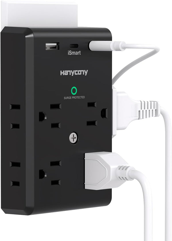 Surge Protector Outlet Extender with USB C Ports, HANYCONY 3 Sided Power Strip with 8 Outlets Splitter and 3 USB Wall Charger, Multi Plug Outlet for Home Travel Office Dorm Room Essentials, ETL Listed