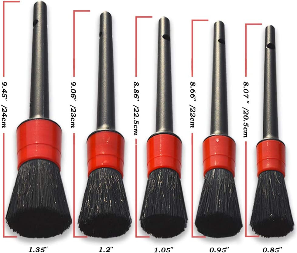 Detailing Brush Set -5 Different Sizes Premium Natural Boar Hair Mixed Fiber Plastic Handle Automotive Detail Brushes for Cleaning Wheels, Engine, Interior, Air Vents, Car, Motorcy