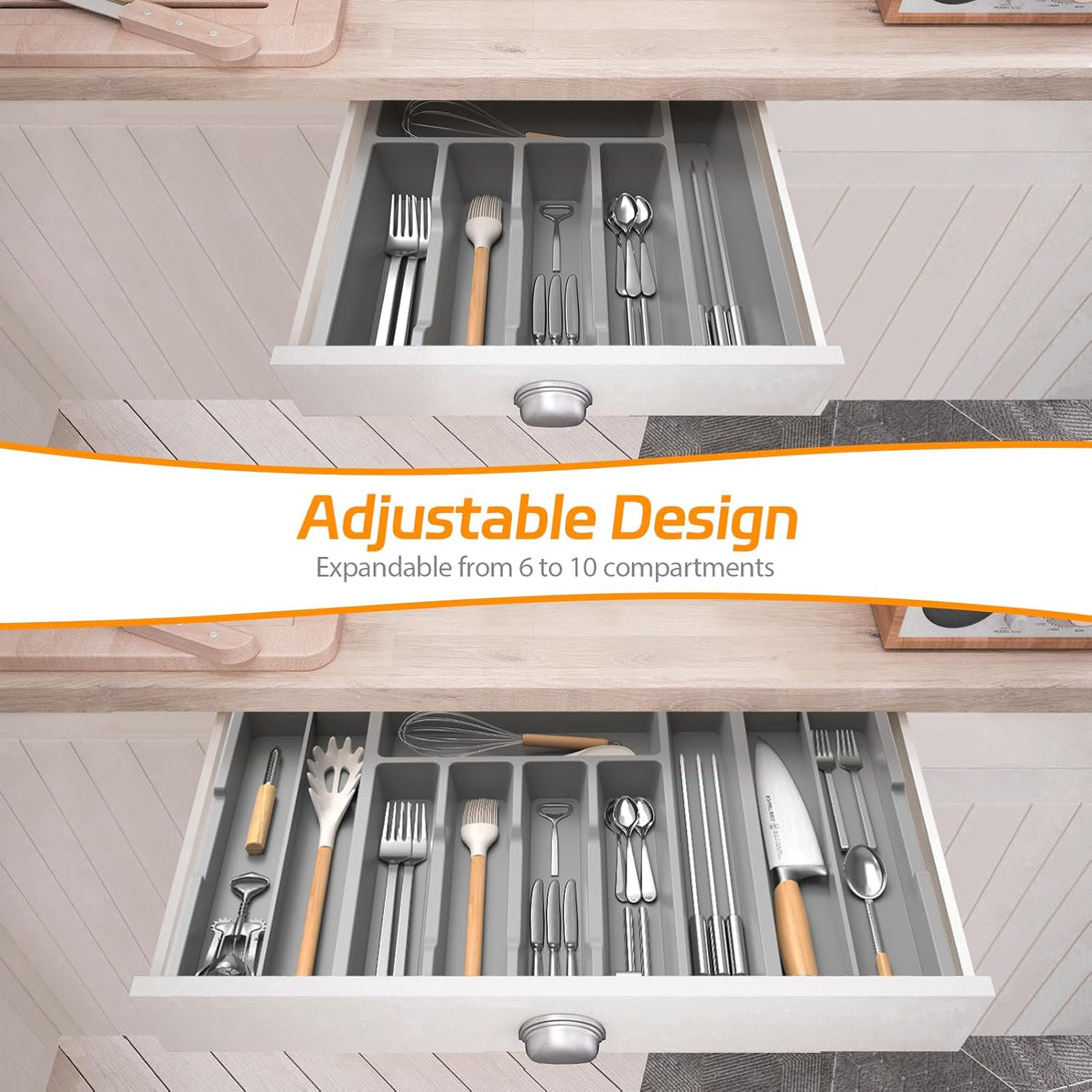 Idavosic.Ly Silverware Drawer Organizer, Expandable Utensil Tray for Kitchen Drawers, Adjustable Plastic Cutlery Flatware Holder for Knife Fork Spoon with 8-10 Compartments (Large, Gray)