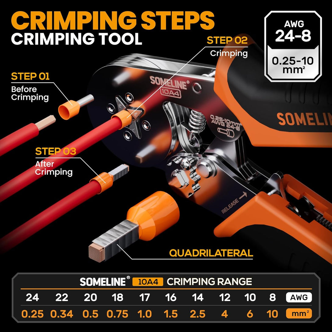 SOMELINE Ferrule Crimping Tool, Ratchet Pliers for AWG23-7 with 23 Sizes Wire End Ferrule Terminals, Quadrilateral Wire Crimp Pliers with Crimp Connectors