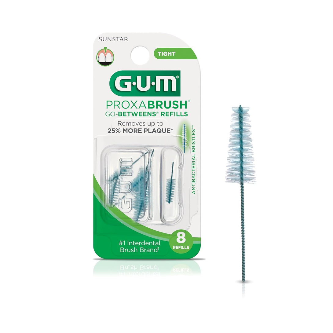 GUM Proxabrush Go-Betweens Refills - Tight - Compatible with GUM Permanent Handle -Reusable Interdental Brushes for Tight Teeth - Soft Bristled Dental Picks, 8Ct