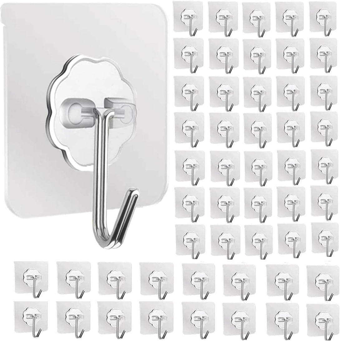 DDMY Wall Hooks, Adhesive Hooks Heavy Duty Self Adhesive Hooks Transparent Waterproof Utility Hooks for Kitchen Home Improvement Shower Hooks Coat Hooks Key Hooks Wall Hooks for Hanging (50 Pack)