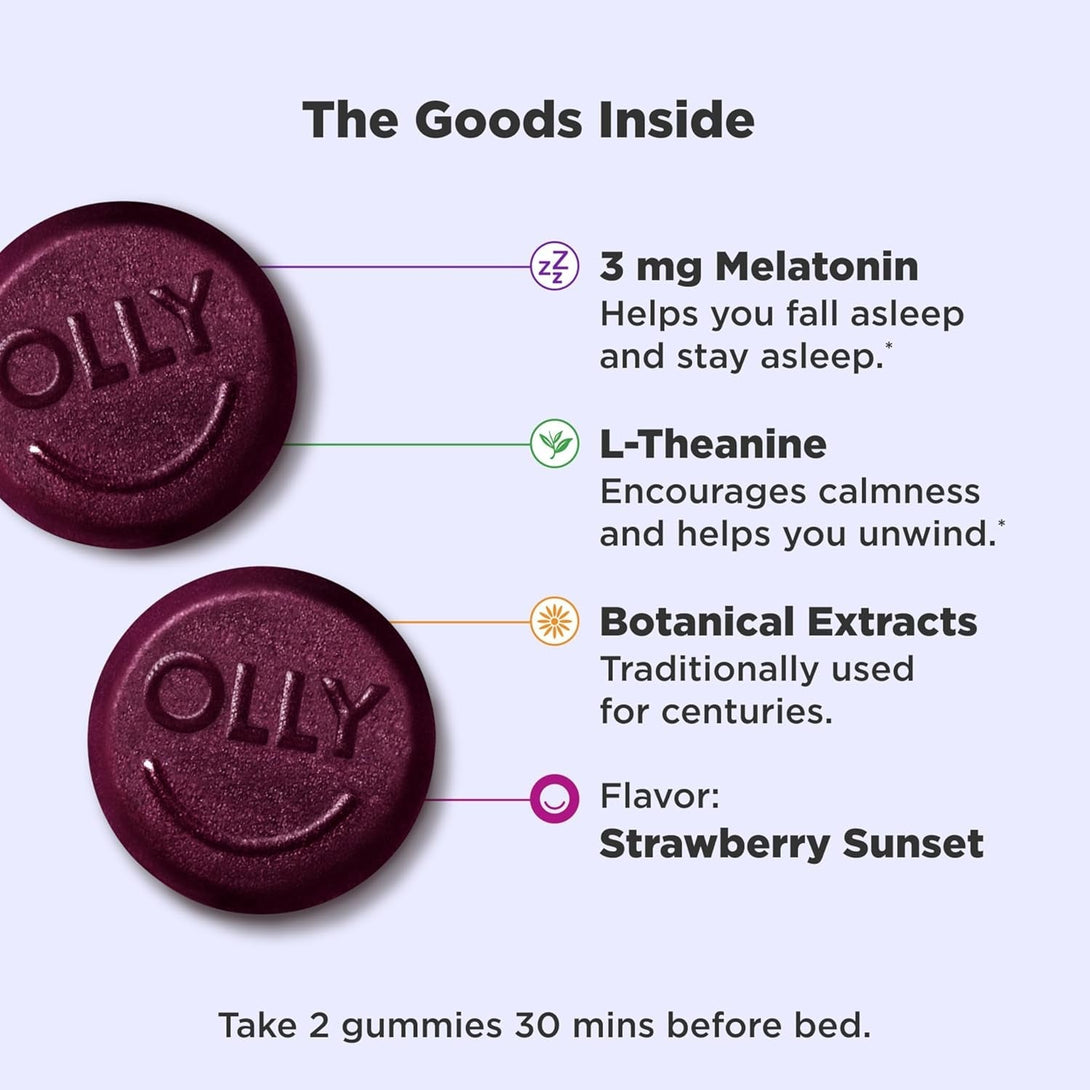OLLY Sleep Gummy, 3 Mg Melatonin, L-Theanine, Chamomile, Lemon Balm, Sleep Aid, Strawberry, 60 Count