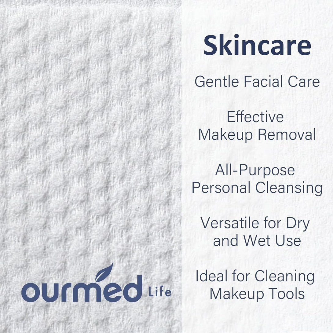 Ourmed Life Face Towels, Disposable Biodegradable Clean Facial Towels for Sensitive Skin, Lint- Free Face Cloths for Makeup Remover, Skincare and Women Cleaning, Dry Wipes,100 Count Dot Texture