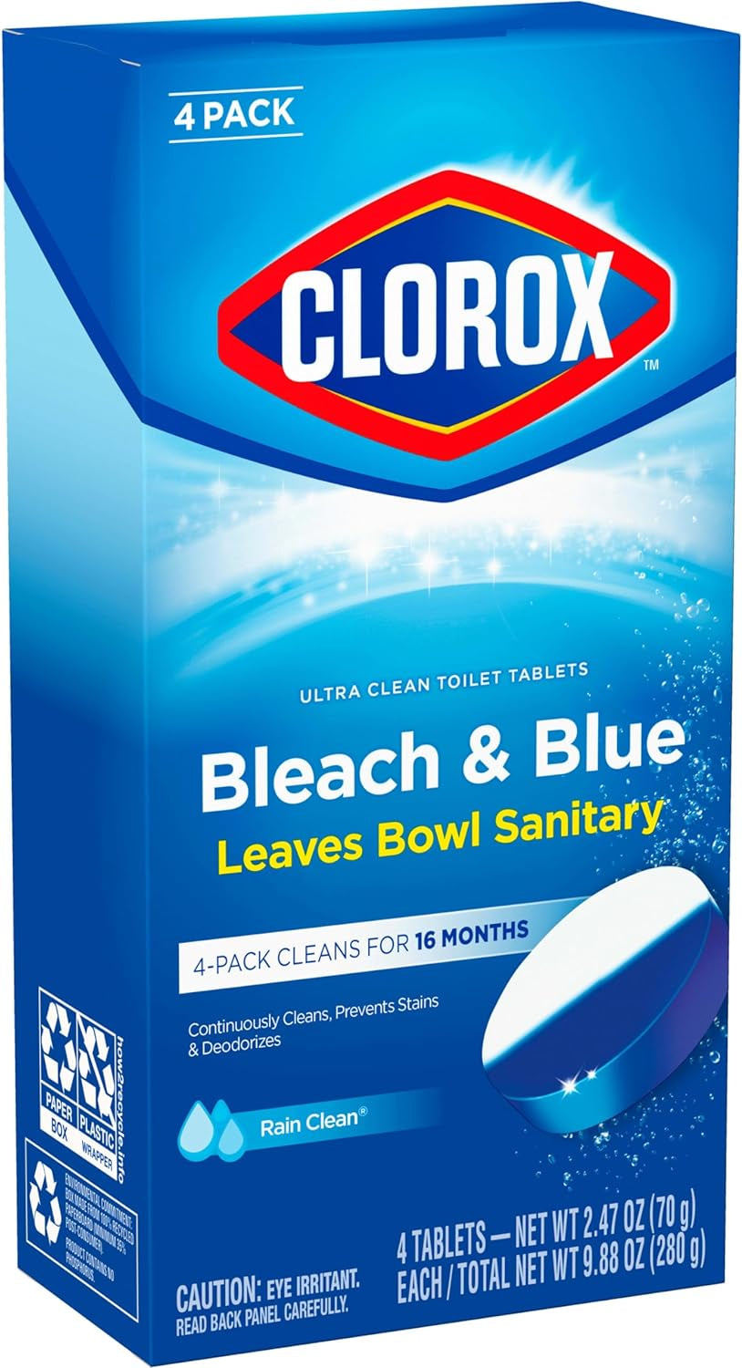 Clorox Ultra Clean Toilet Tablets Bleach & Blue, Rain Clean, 4 Ct (Package May Vary)