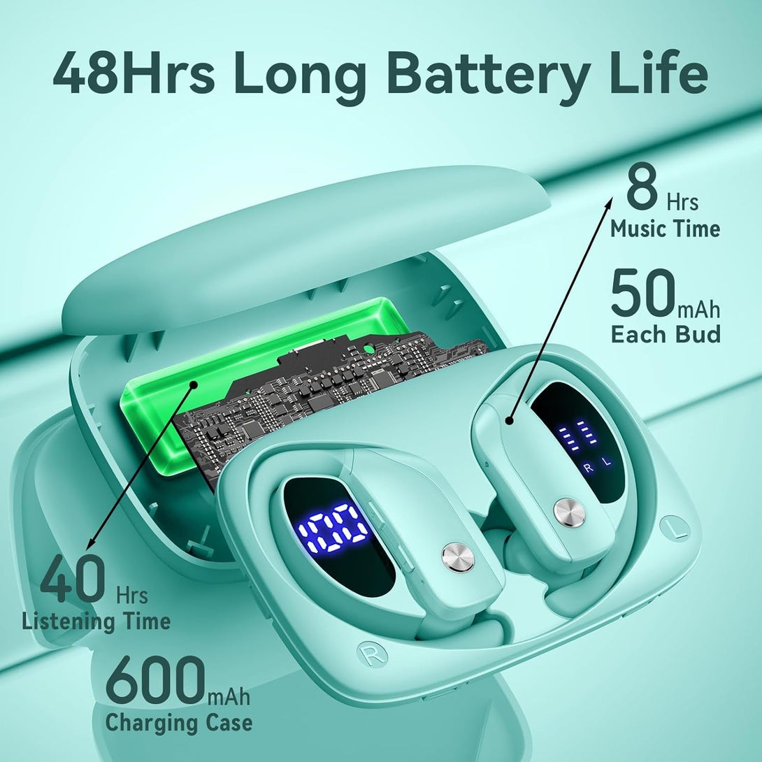 Bmani Wireless Earbuds Bluetooth Headphones 48Hrs Play Back Sport Earphones with LED Display Over-Ear Buds with Earhooks Built-In Mic Headset for Workout Mint Green