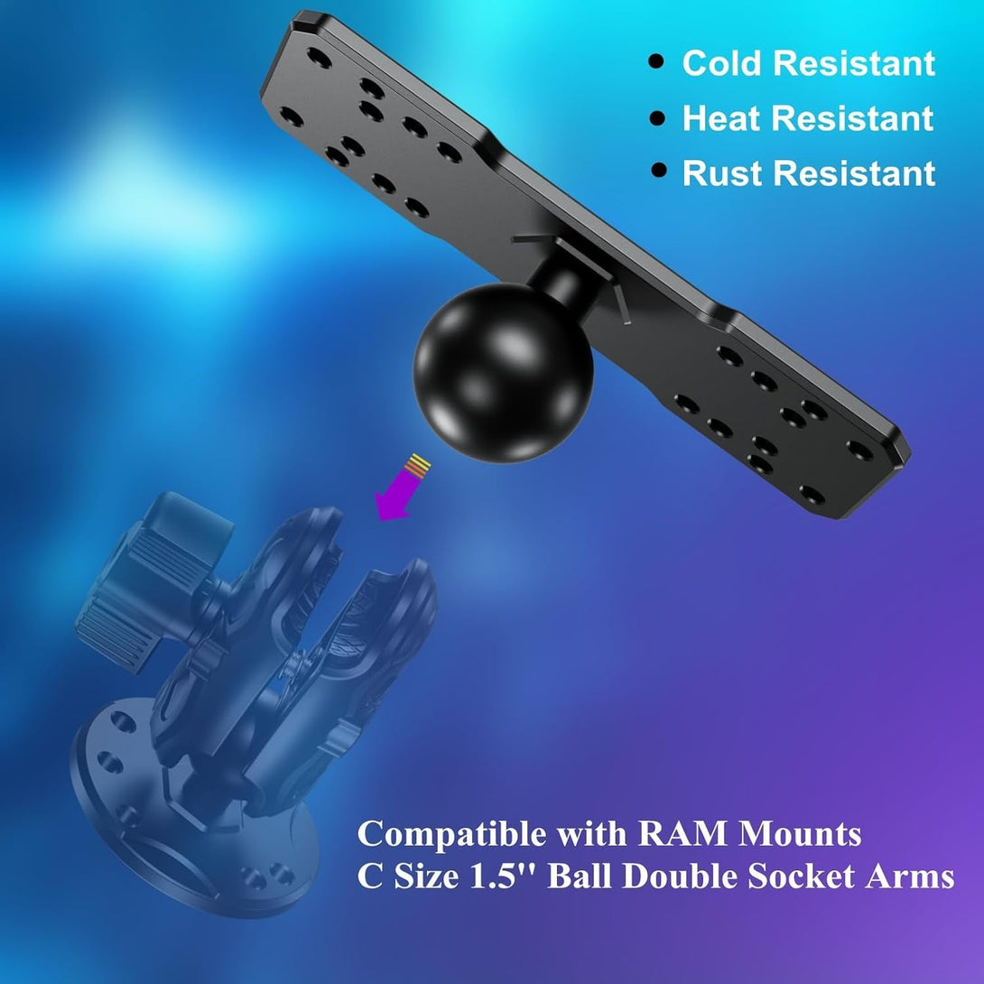 BRCOVAN 1.5'' Ball Fish Finder Mount, Aluminum Alloy Universal Marine Electronic Plate for RAM Mounts C Size 1.5 Inch Ball Double Socket Arm, Fit for Garmin, Lowrance, Humminbird, Raymarine and More