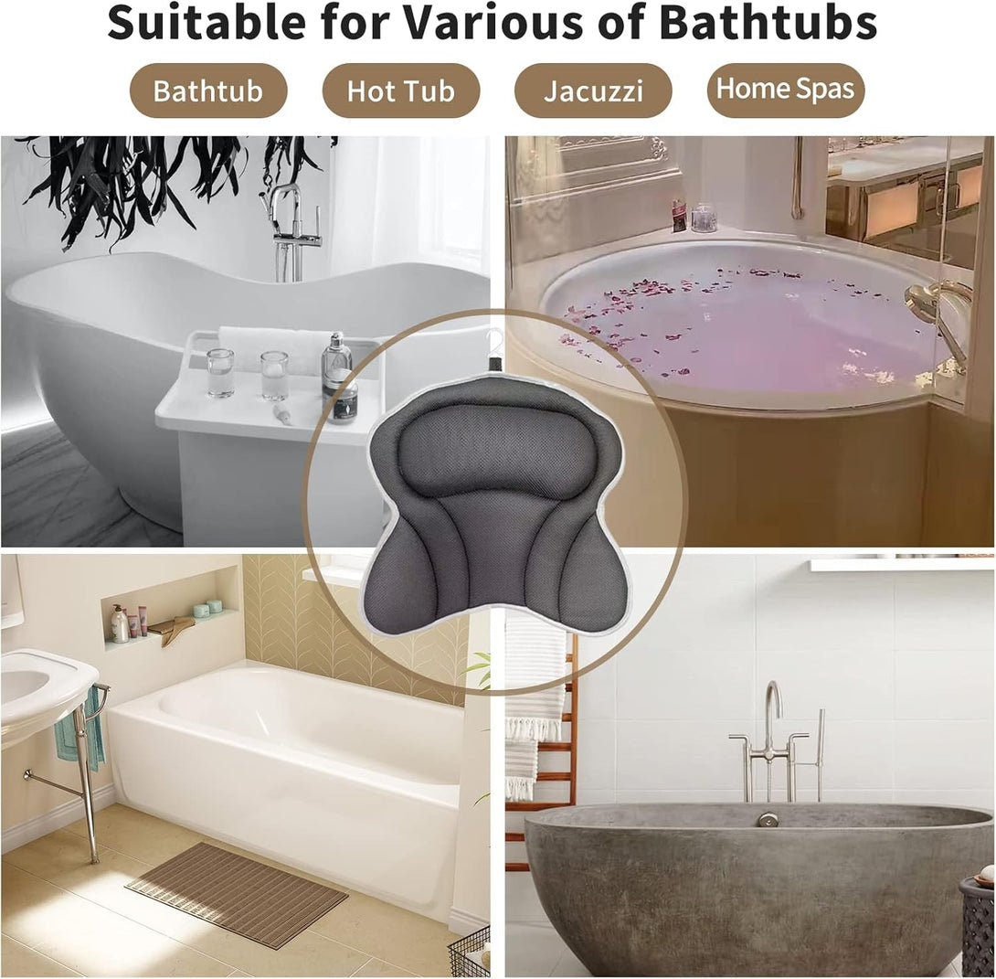 Bath Pillow - Ergonomic Bath Pillows for Tub Neck and Back Support, Bathtub Pillow with Powerful Suction Cups, Quick Dry & Ultra Soft 4D Mesh Tub Pillow for Bath, Bath Cushion