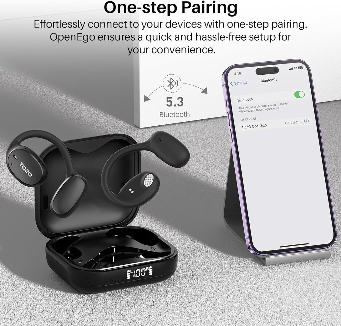 TOZO Openego True Wireless Open Ear Headphone, 5.3 Bluetooth Sport Earbuds with Earhooks for 80H Playback with Digital Display, 32 EQ Modes Dual Mic Clear Call Sweat-Proof for Running Workout Black