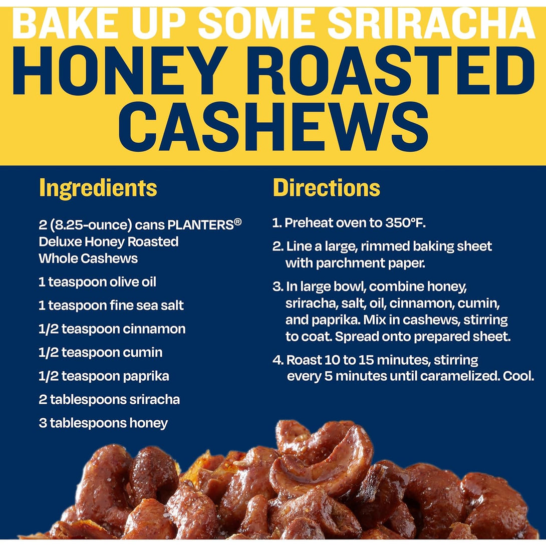 PLANTERS Deluxe Honey Roasted Whole Cashews, Party Snack, Plant-Based Protein, after School Snack, Sweet and Salty Snack Nuts, Quick Snack for Adults, Flavored Cashews, Kosher, 8.25Oz Canister