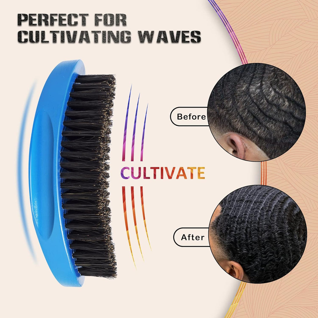 Medium Palm Wave Brush with Pure Black Boar Bristles - for Men'S 360 Waves on Thin and Normal Hair (Blue)