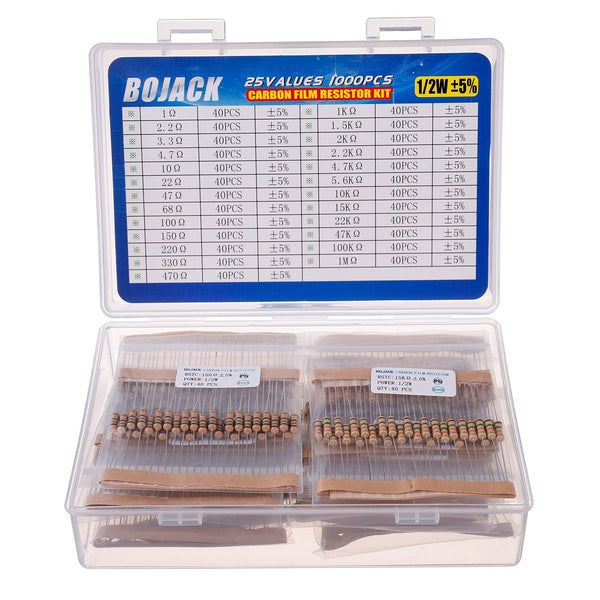 BOJACK 1000 Pcs 25 Values Resistor Kit 1 Ohm-1M Ohm with 5% 1/2W Carbon Film Resistors Assortment