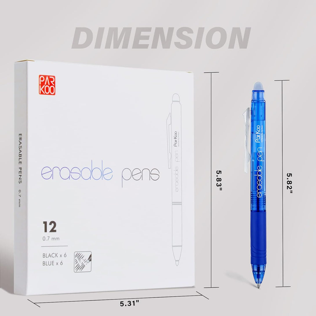 Parkoo Retractable Erasable Gel Pens Clicker Fine Point 0.7 Mm, No Need for White Out, 6 Black/6 Blue Ink for Completing Sudoku and Crossword Puzzles